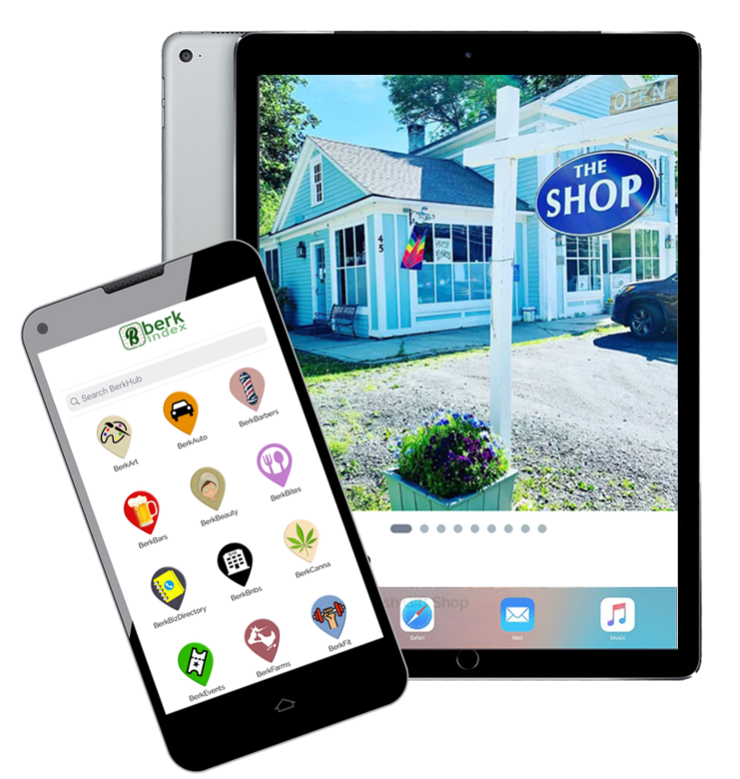 BerkHub App displayed on two smartphones showcasing the digital visitor's guide to the Berkshires